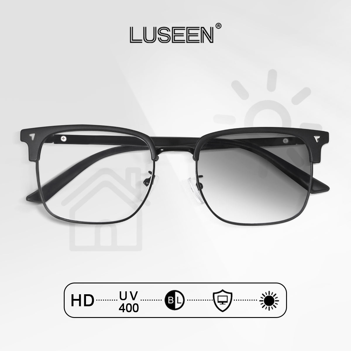 LUSEEN AG2262 Photochromic Eyeglass Shades for Men Women Anti Radiation Sunglasses Vintage Fashion Student Round Face Unisex Summer Outfit Resin Eyewear Browline Eyeglasses