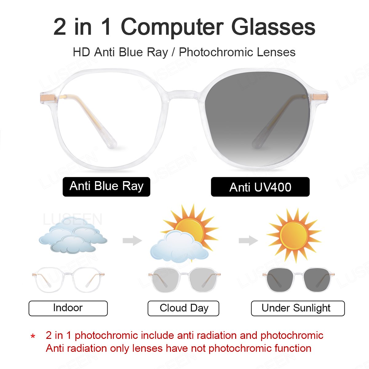 LUSEEN AG2257 Unisex Photochromic Anti Radiation Fashion Eyeglass Shades For Men Women Sunglasses For Round Face