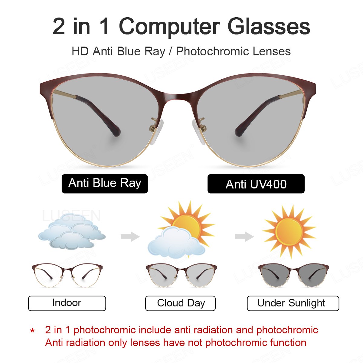 LUSEEN AG2243 Unisex Photochromic Anti Radiation Eyeglass Shades For Men Women Sunglasses Cat Eye For Round Face For Beach Eyewear Frames