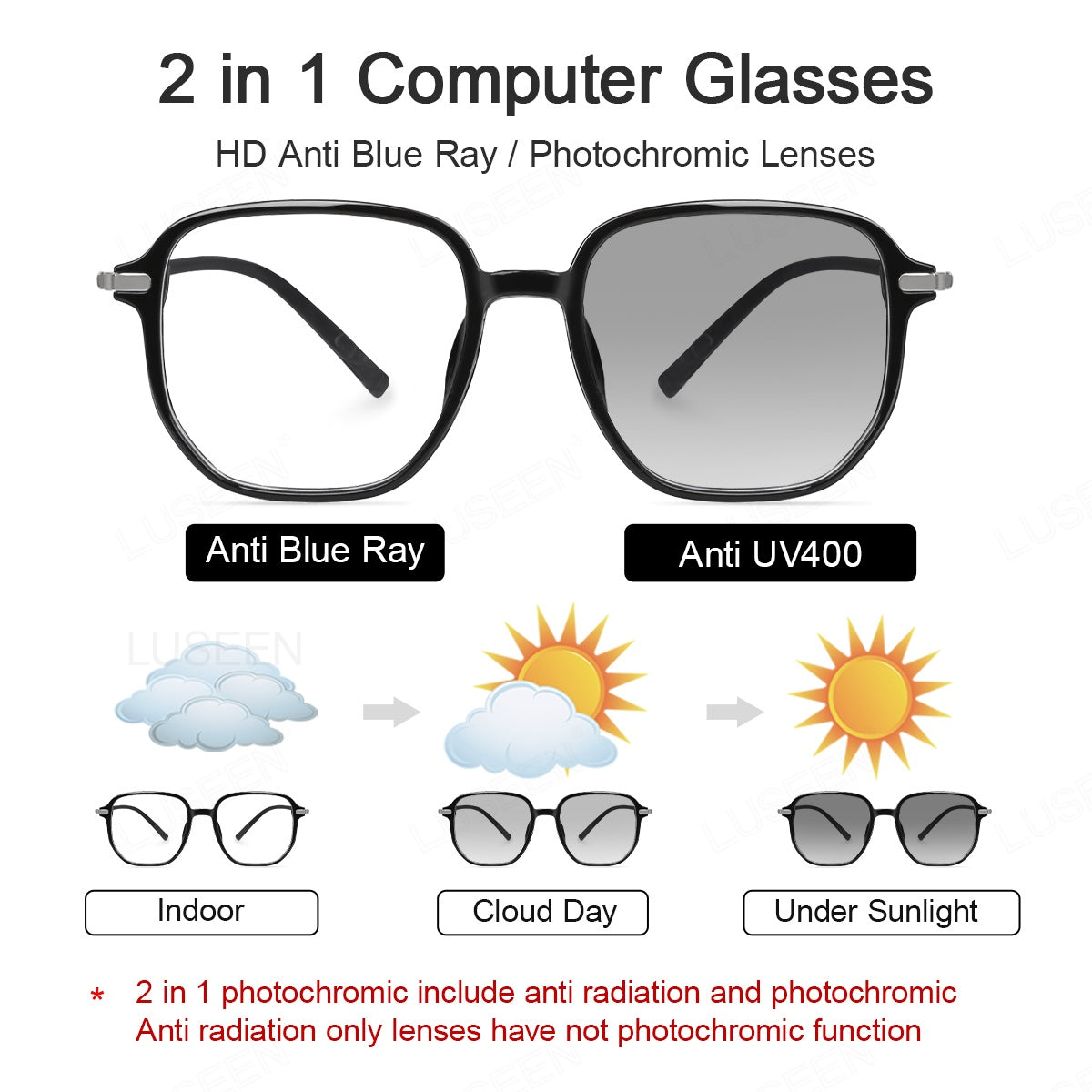 LUSEEN AG2266 Anti-Radiation Photochromic Eyeglasses For Men Women Oversized Full Rim AG2266