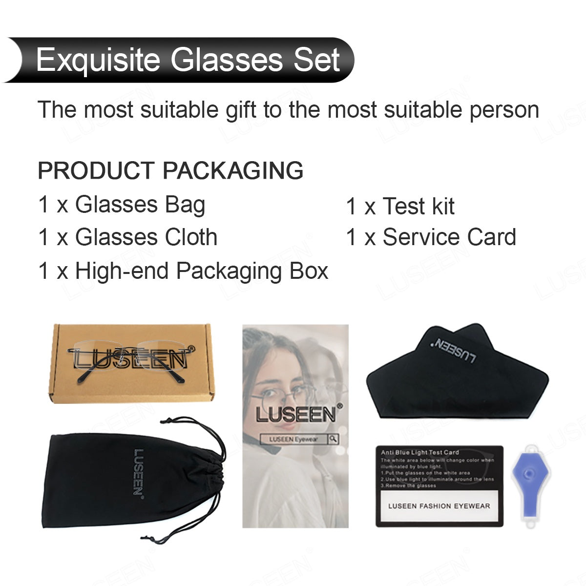 LUSEEN AG2239 Photochromic Anti-Radiation Eyeglasses Unisex Rimless Frame Black Gold Sliver
