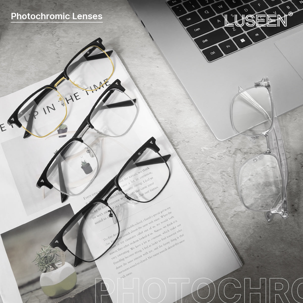 LUSEEN AG2262 Photochromic Eyeglass Shades for Men Women Anti Radiation Sunglasses Vintage Fashion Student Round Face Unisex Summer Outfit Resin Eyewear Browline Eyeglasses