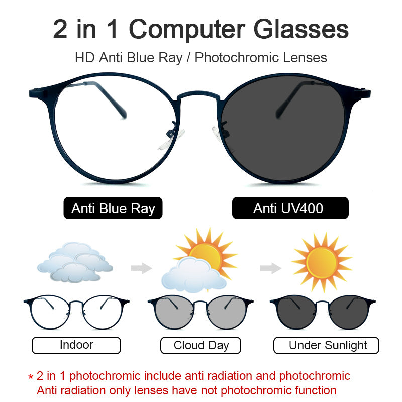 LUSEEN Anti Radiation Photochromic Eyeglasses para sa Kababaihan Mga Lalaki na Napalitan ng Lens Computer Blue Light na Salamin AG2208