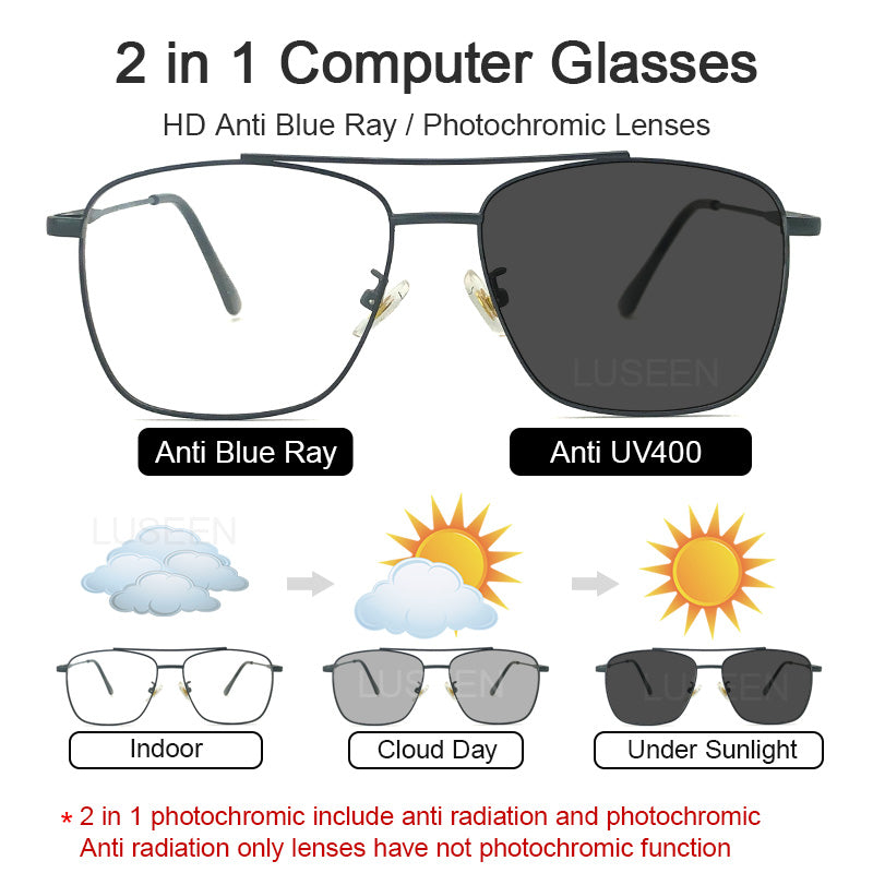LUSEEN Anti Radiation Eyeglass Photochromic Eye Glasses para sa Babae at Lalaki na Mapapalitang Lens UV400 Eyeglasses AG2215