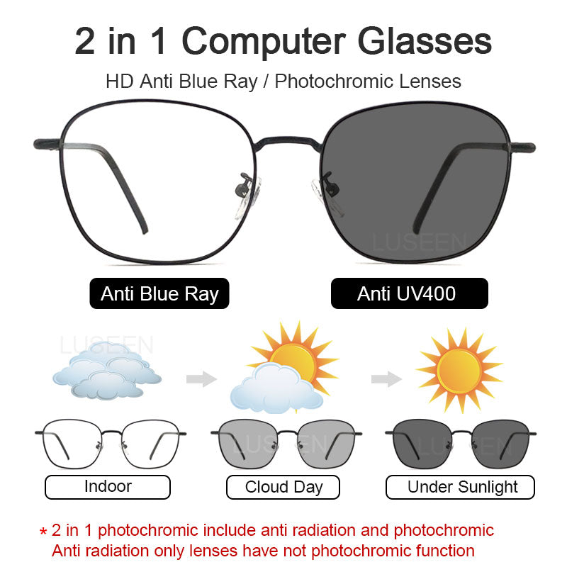 LUSEEN Anti Radiation Eyeglass Para sa Babae at Lalaki Photochromic na Mapapalitang Lens Eye Glasses Anti Blue Light Glass AG2224