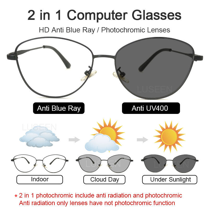 LUSEEN Anti Radiation Eyeglass Photochromic Cat Eye Glasses Para sa Babae Retro Metal Frame Eyeglasses AG2227