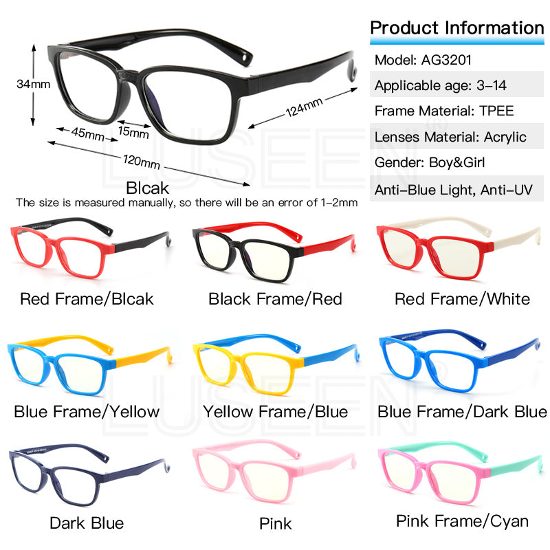 LUSEEN Anti Radiation Eye Glasses para sa mga Bata Anti Rad Eye Glasses na may Case Protect Eyewear para sa Mga Lalaki at Babae AG3201