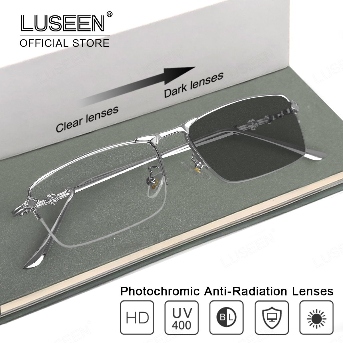LUSEEN AG2247 Photochromic Anti-Radiation Eyeglasses Unisex Replaceable Lens Fashion Semi Rimless Rectangle Frame