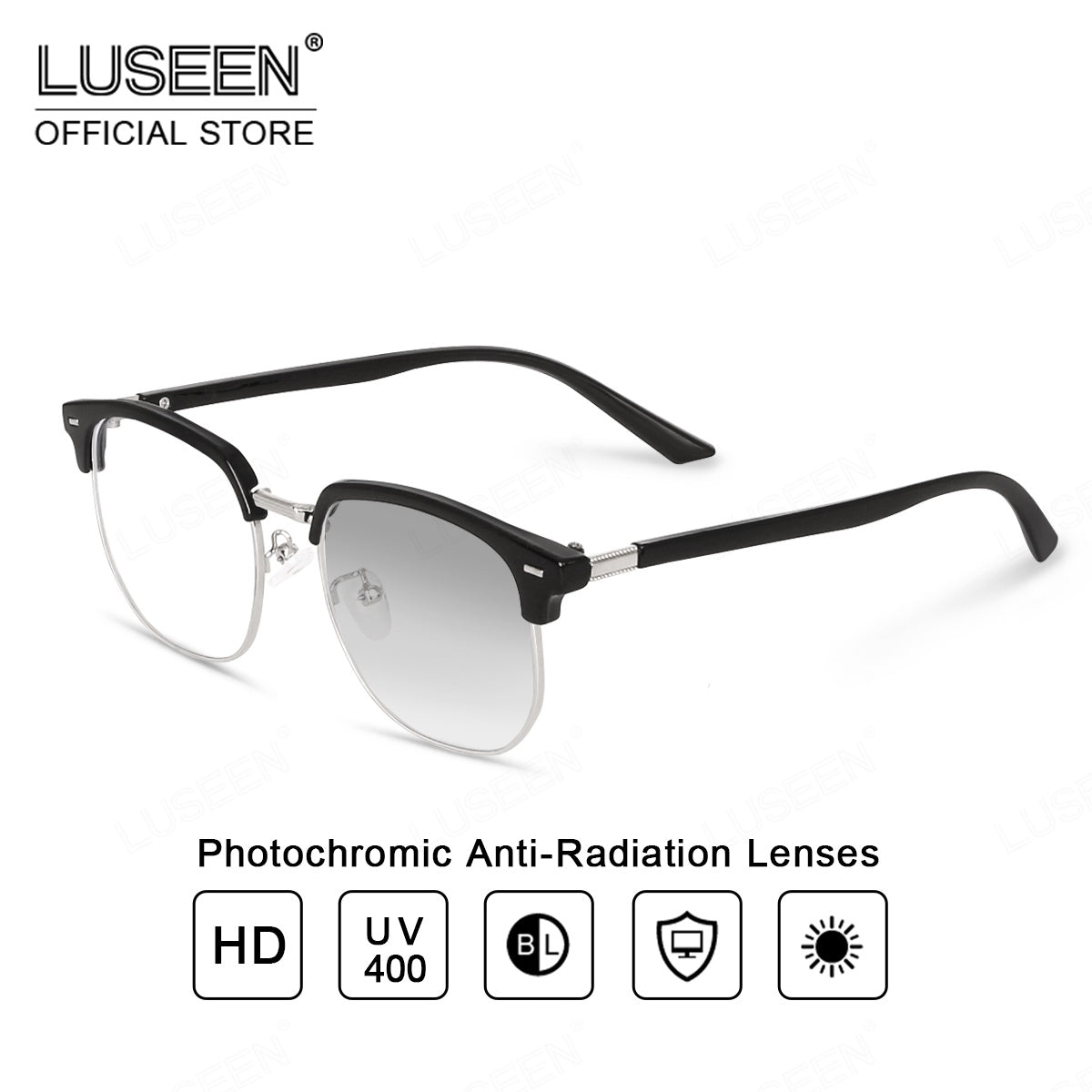 LUSEEN AG2242 Anti-Radiation Photochromic Eyeglass Browline Unisex PC Alloy Semi Rimless Square Eyewear