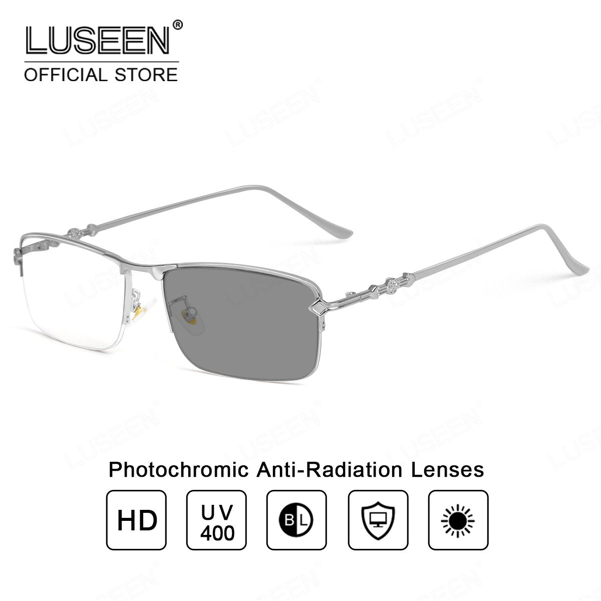 LUSEEN AG2247 Photochromic Anti-Radiation Eyeglasses Unisex Replaceable Lens Fashion Semi Rimless Rectangle Frame