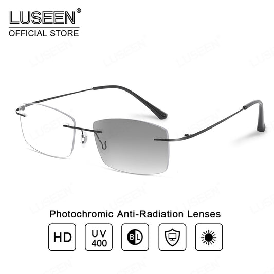 LUSEEN AG2239 Photochromic Anti-Radiation Eyeglasses Unisex Rimless Frame Black Gold Sliver
