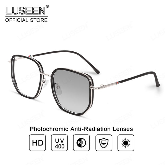 LUSEEN Anti Radiation Photochromic Eyeglass Sunglasses Shades for Men Women Vintage Fashion Student Round Face Unisex Summer Outfit Resin Eyewear AG2264