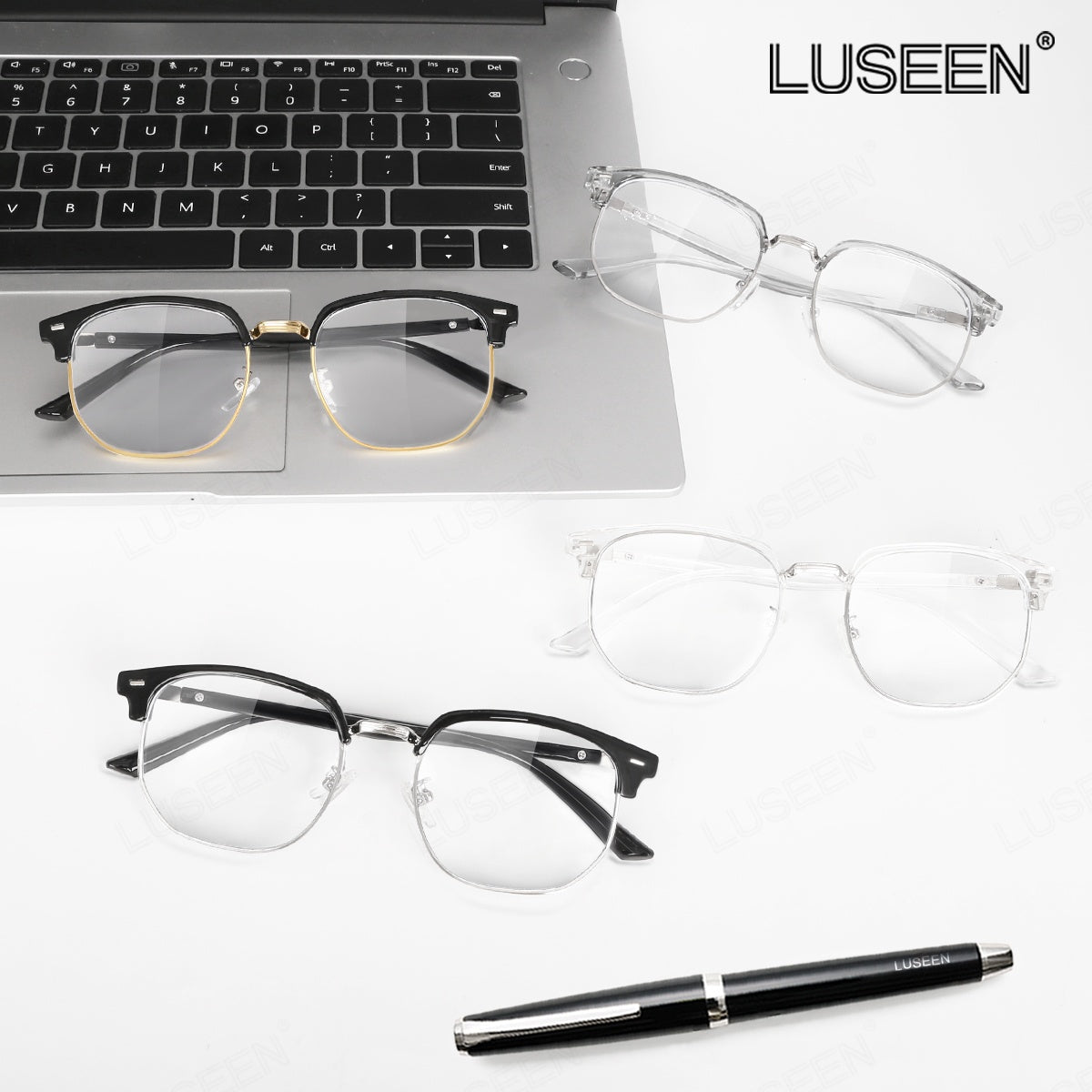 LUSEEN AG2242 Anti-Radiation Photochromic Eyeglass Browline Unisex PC Alloy Semi Rimless Square Eyewear