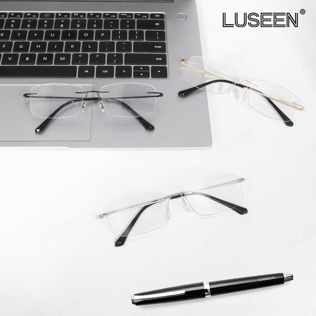 LUSEEN AG2239 Photochromic Anti-Radiation Eyeglasses Unisex Rimless Frame Black Gold Sliver