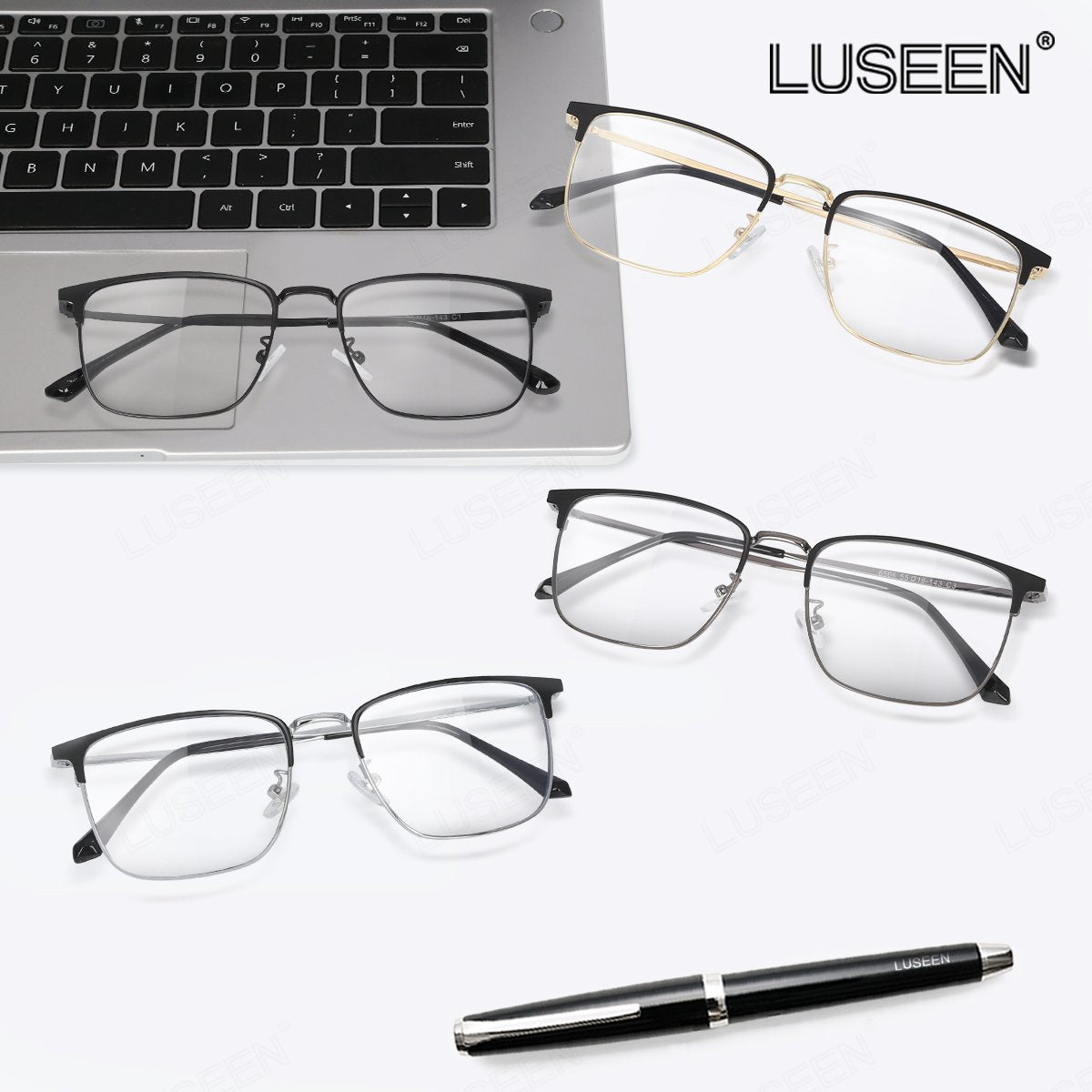 LUSEEN AG2248 Photochromic Anti-Radiation Eyeglasses Unisex Replaceable Lens Rectangle Semi Rimless Frame