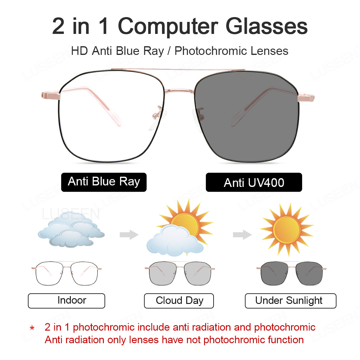 LUSEEN AG2234  Photochromic Anti Radiation Eyeglass Unisex Full Rim Student Replaceable Lenses  Fashion Glasses