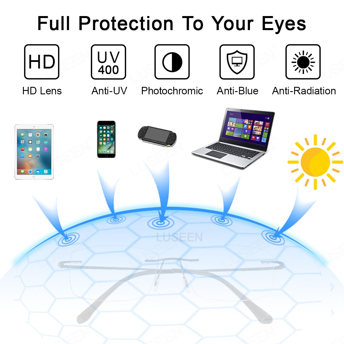 LUSEEN AG2239 Photochromic Anti-Radiation Eyeglasses Unisex Rimless Frame Black Gold Sliver