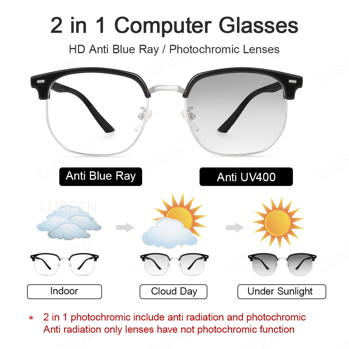 LUSEEN AG2242 Anti-Radiation Photochromic Eyeglass Browline Unisex PC Alloy Semi Rimless Square Eyewear