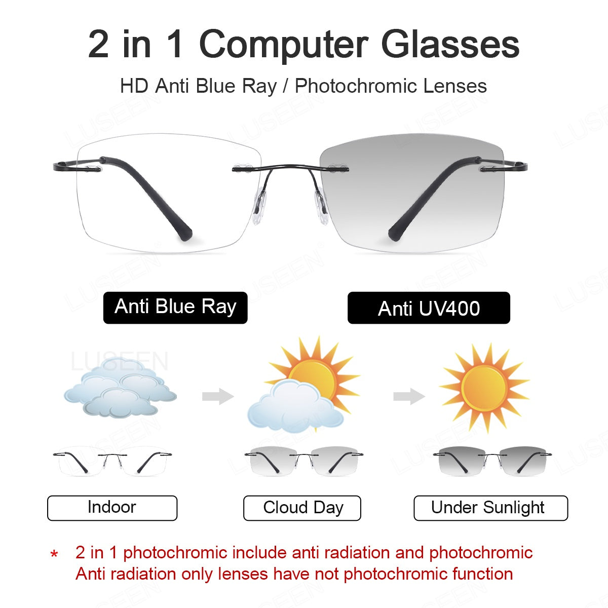 LUSEEN AG2239 Photochromic Anti-Radiation Eyeglasses Unisex Rimless Frame Black Gold Sliver