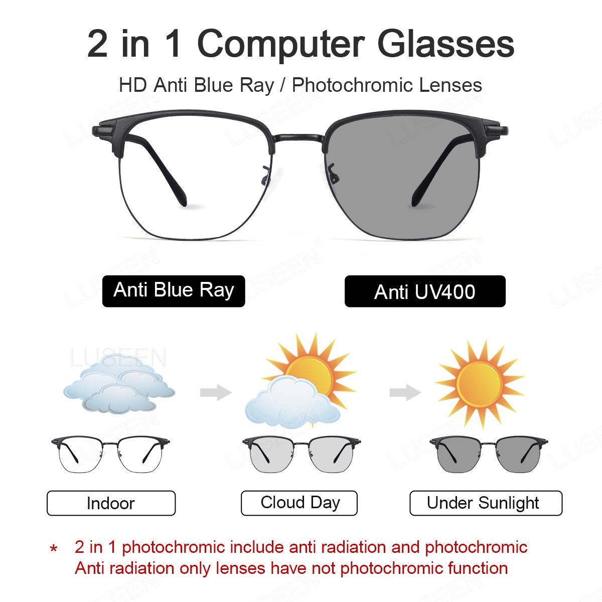 LUSEEN AG2270 Photocromic Anti Radiation Eyeglass Unisex for Women Men Fashion Student Neutral Browline Glasses AG2270