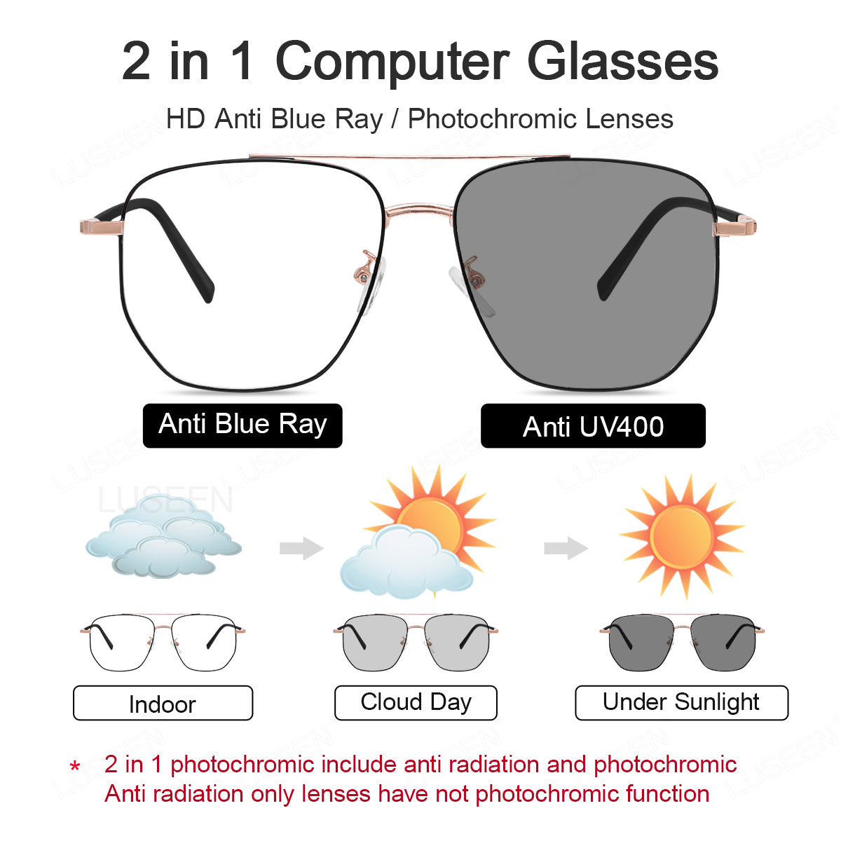 LUSEEN AG2233 New Anti Radiation Glasses Photochromic Computer Glasses Metallic Frame Replaceable Lens Fashion Unisex Glasses