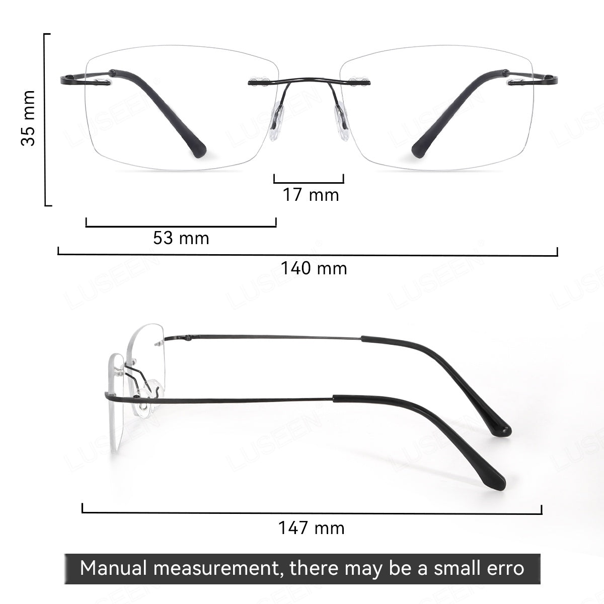 LUSEEN AG2239 Photochromic Anti-Radiation Eyeglasses Unisex Rimless Frame Black Gold Sliver