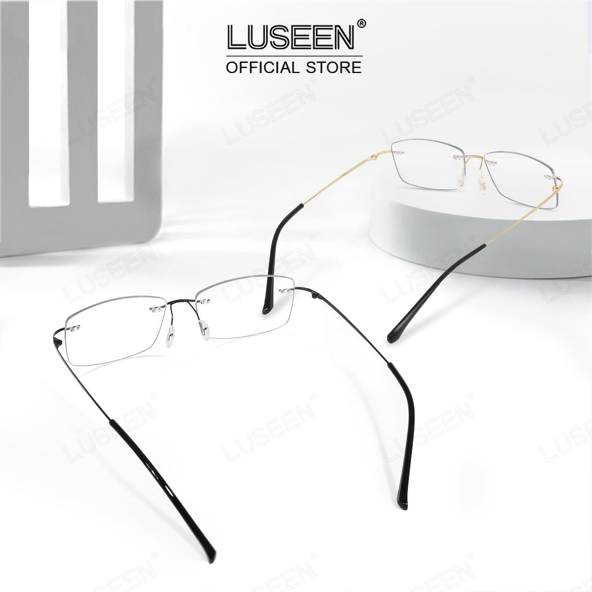 LUSEEN AG2239 Photochromic Anti-Radiation Eyeglasses Unisex Rimless Frame Black Gold Sliver