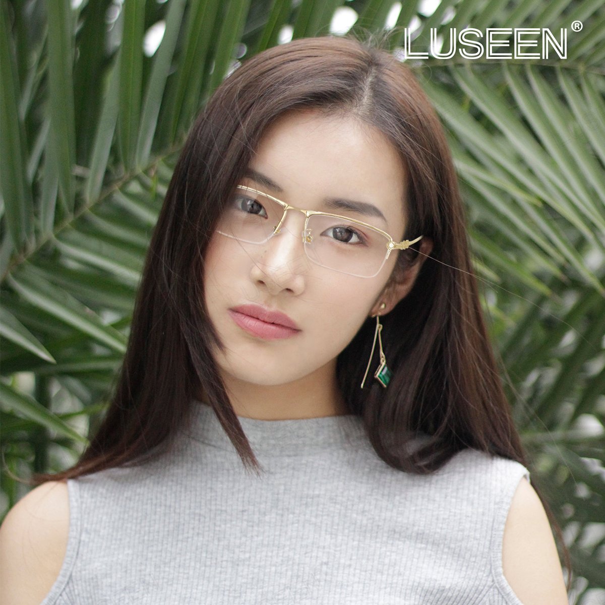 LUSEEN AG2247 Photochromic Anti-Radiation Eyeglasses Unisex Replaceable Lens Fashion Semi Rimless Rectangle Frame