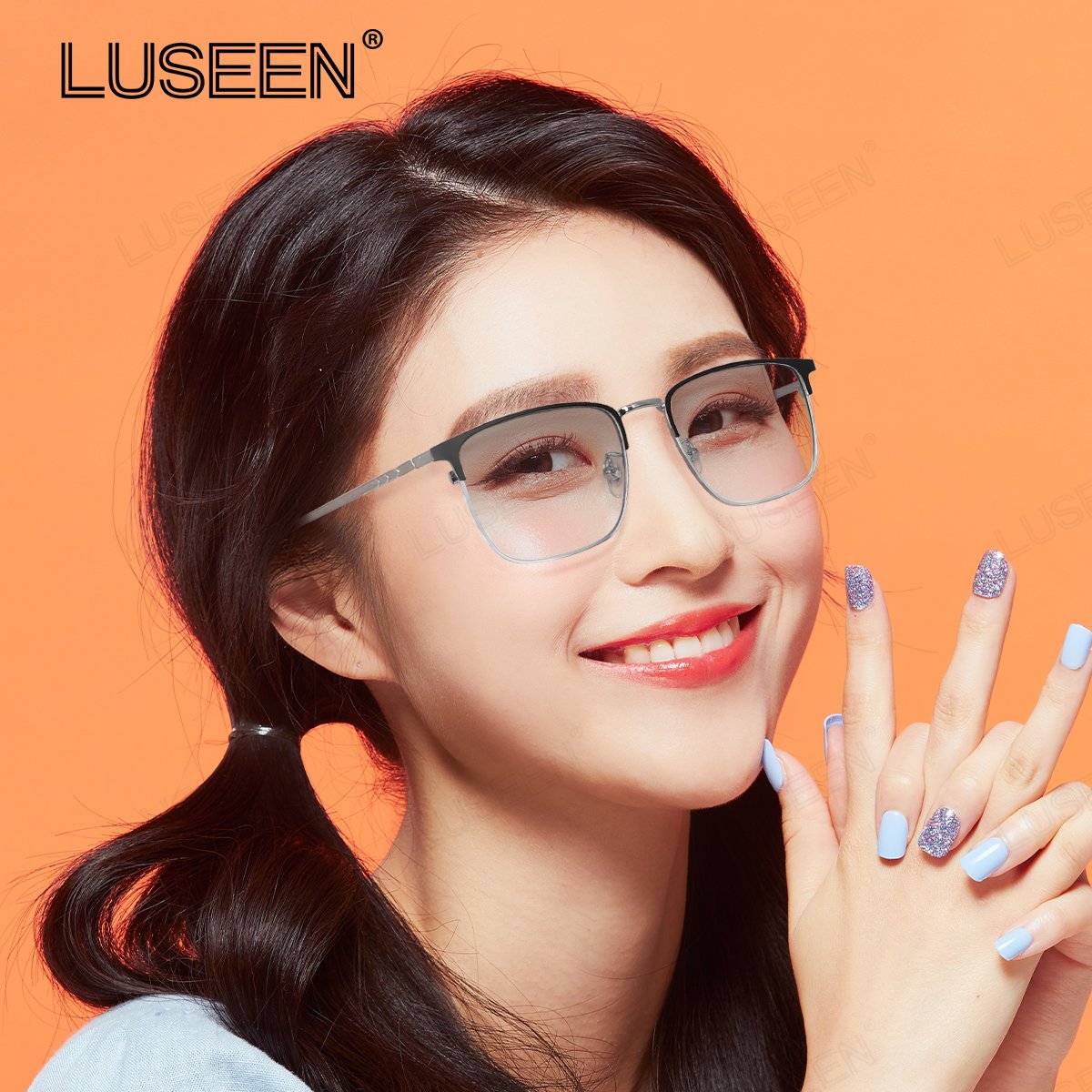 LUSEEN AG2248 Photochromic Anti-Radiation Eyeglasses Unisex Replaceable Lens Rectangle Semi Rimless Frame
