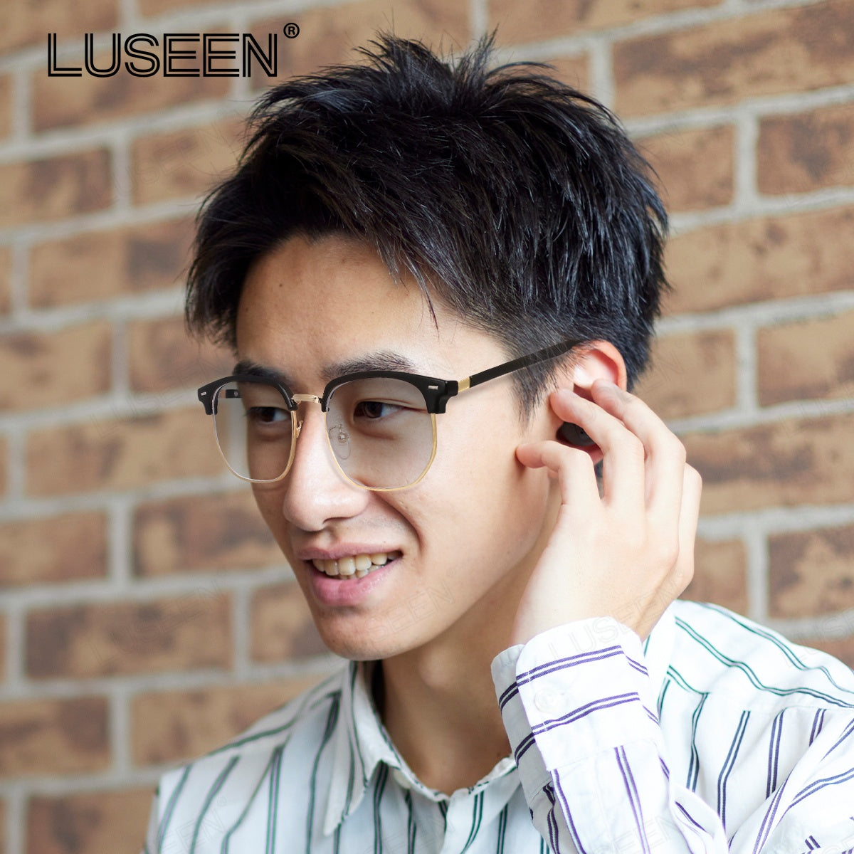 LUSEEN AG2242 Anti-Radiation Photochromic Eyeglass Browline Unisex PC Alloy Semi Rimless Square Eyewear