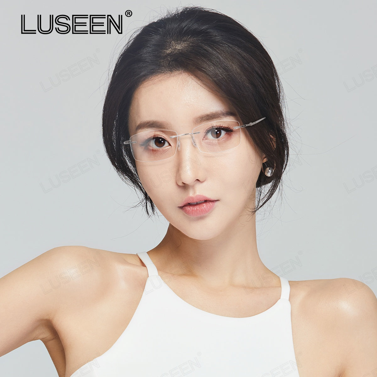 LUSEEN AG2239 Photochromic Anti-Radiation Eyeglasses Unisex Rimless Frame Black Gold Sliver