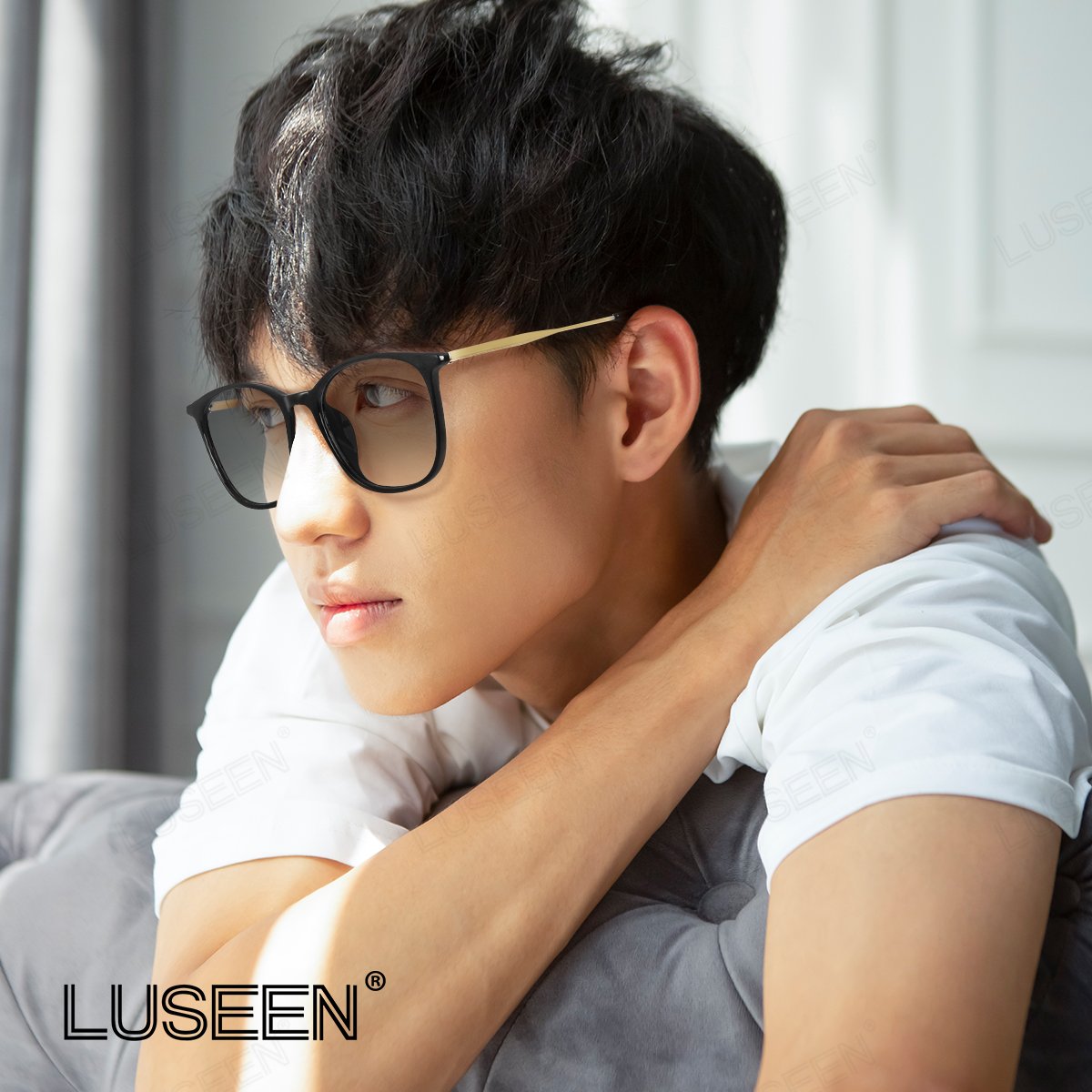 LUSEEN AG2258 Photochromic Anti-Radiation Eyeglasses Frame Color Change Unisex Full Rim PC+Alloy Round Eyewear