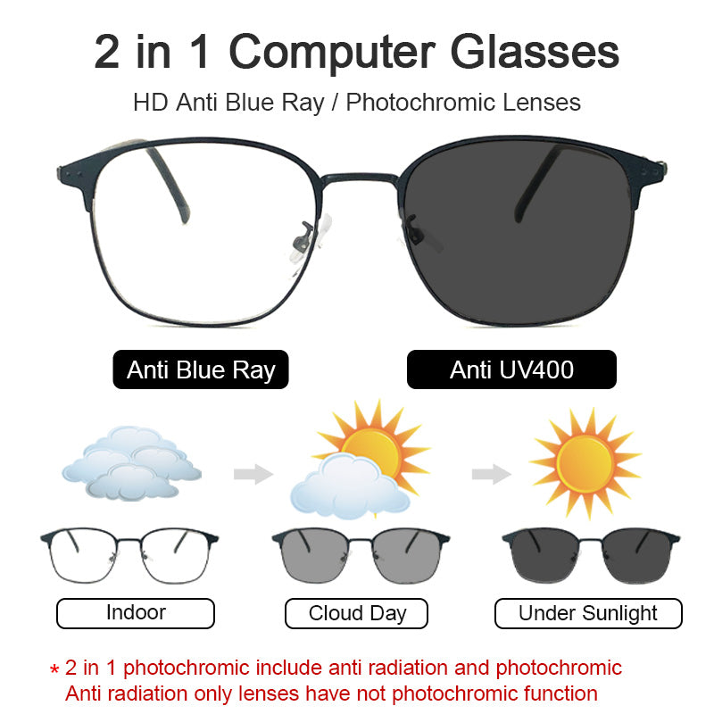 LUSEEN Photochromic Anti Radiation Eyeglass Metal Computer Glasses Anti Blue Light Eyeglasses For Woman Man AG2206