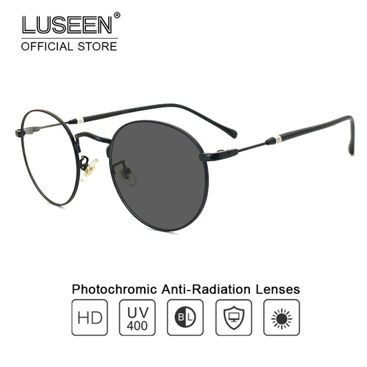 LUSEEN Photochromic Eyeglass Anti Radiation Metal Round Computer Anti Blue Light Eye Glasses para sa Babae Lalaki AG2207